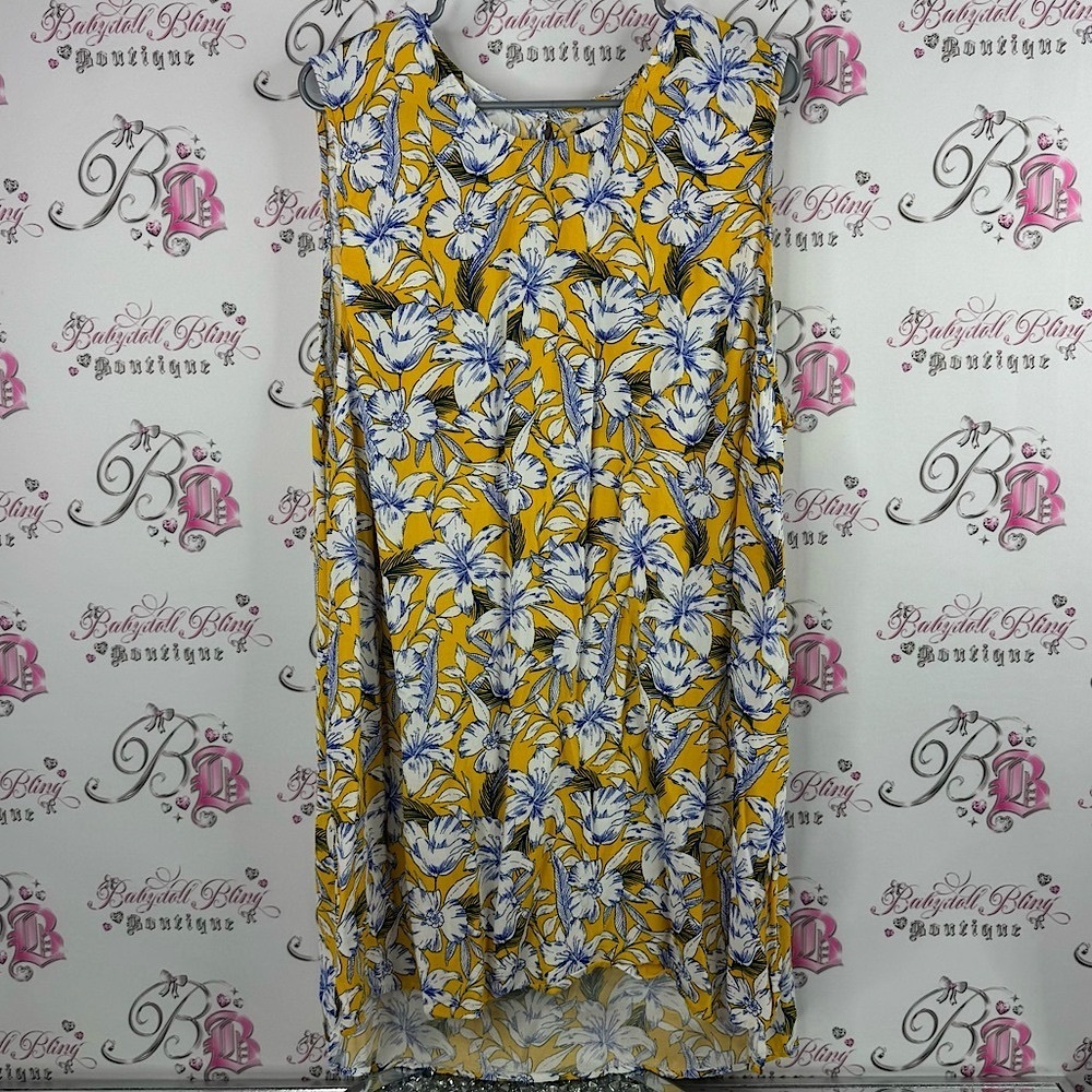 New look inspired long tank top blue Floral Yellow and White mini Dress Lillie’s